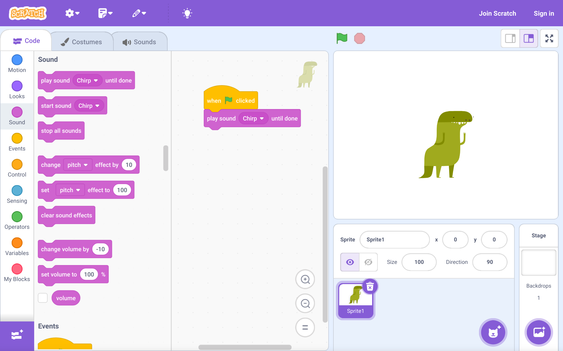 Screenshot of computer programming software called Scratch. Open Source app https://scratch.mit.edu/ , Creative Commons Attribution-ShareAlike 2.0 license.